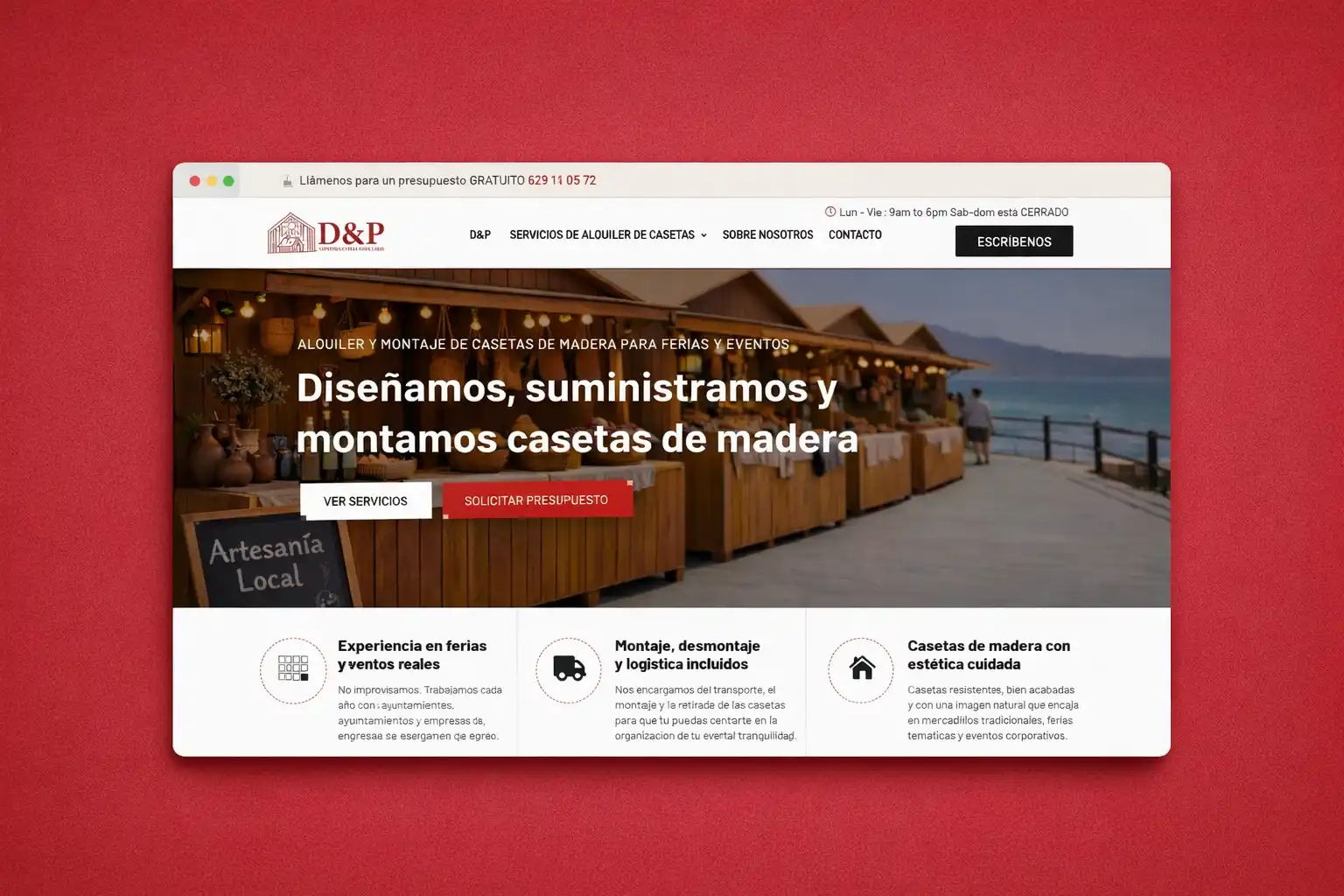 Web de D&P Construcciones Modulares especializada en alquiler de casetas de madera para ferias, mercadillos y eventos en Madrid y España
