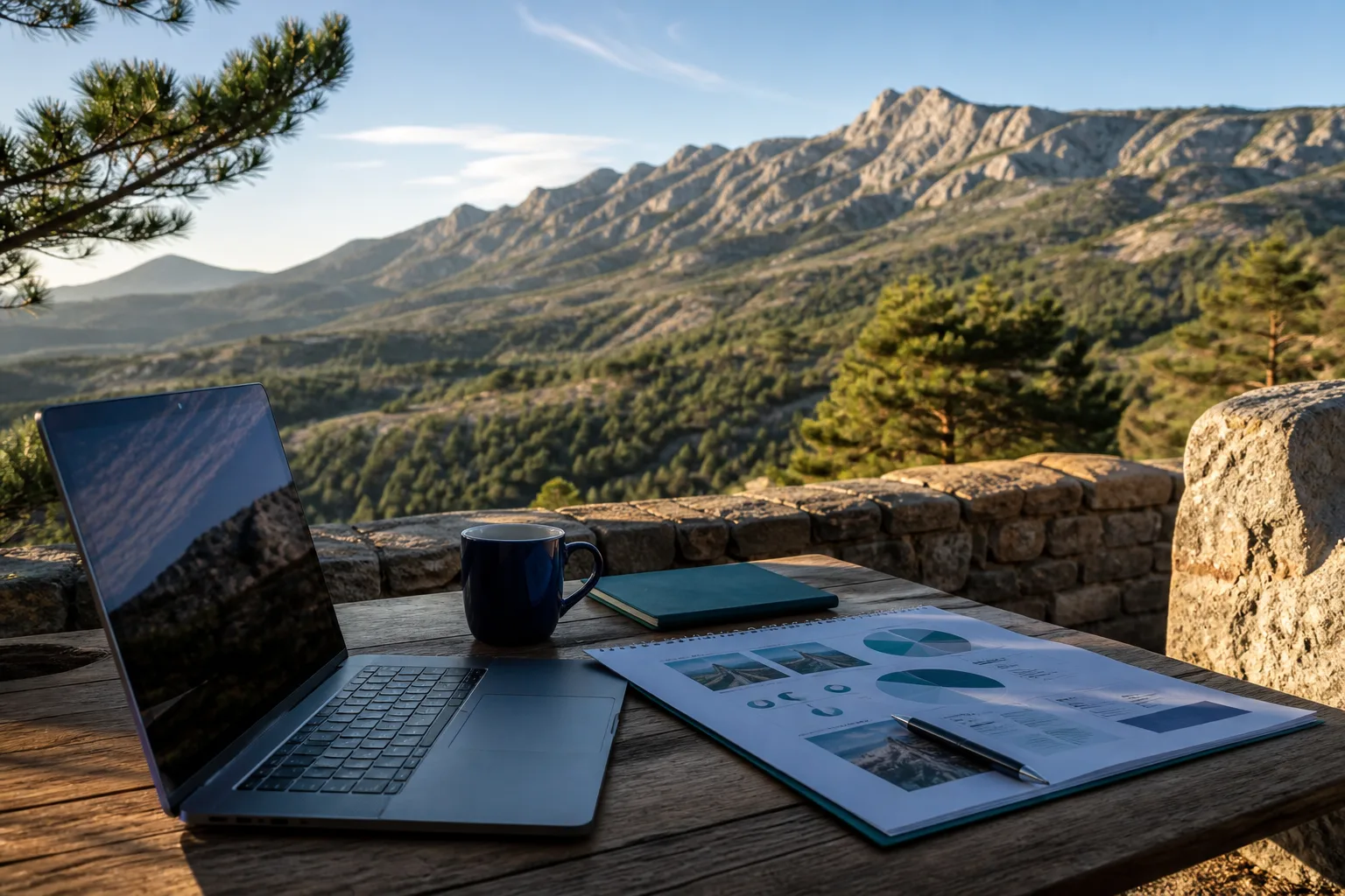 Paisaje de la Sierra de Guadarrama junto a un portátil y una planificación de marketing digital